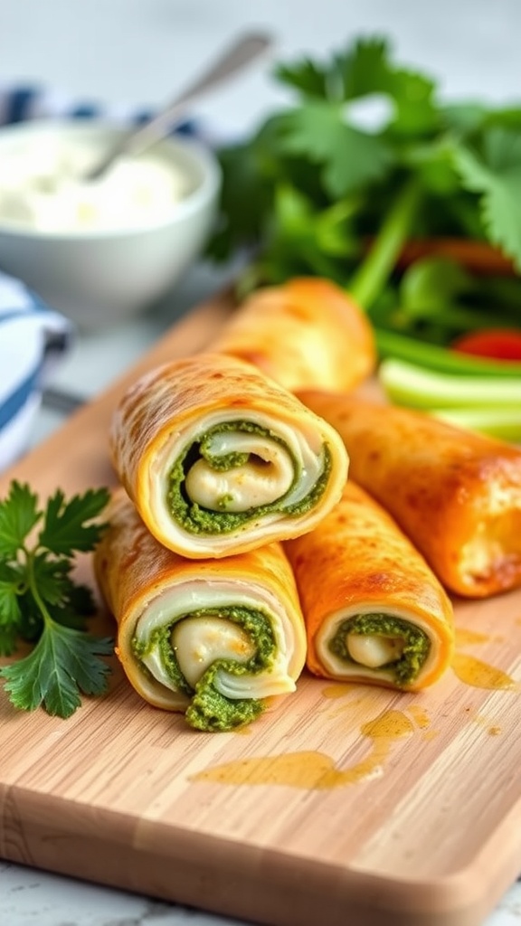 Pesto Air Fryer Chicken Roll-Ups on a wooden cutting board