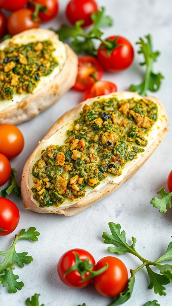 Stuffed chicken breast with pesto and goat cheese, garnished with tomatoes and greens.