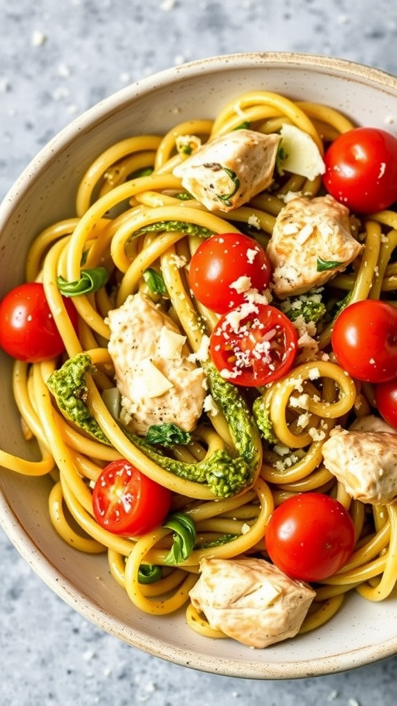 Bowl of pesto chicken pasta garnished with cherry tomatoes and basil