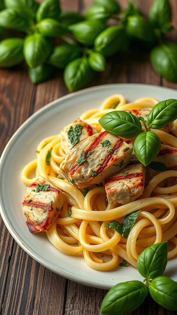 A dish of fettuccine pasta topped with grilled chicken and basil pesto.