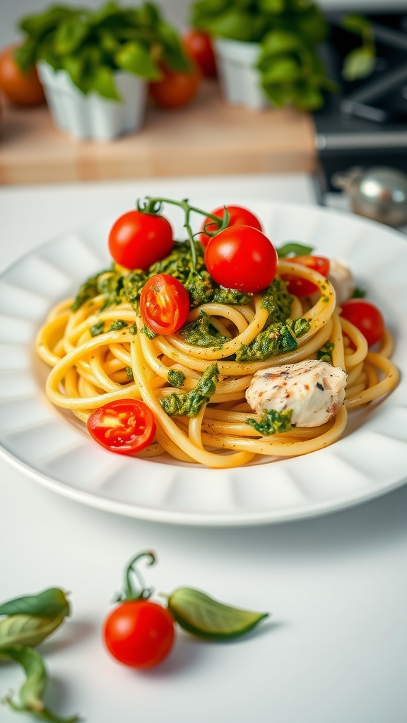 A delicious pesto pasta chicken bake served with cherry tomatoes and garnished with basil.
