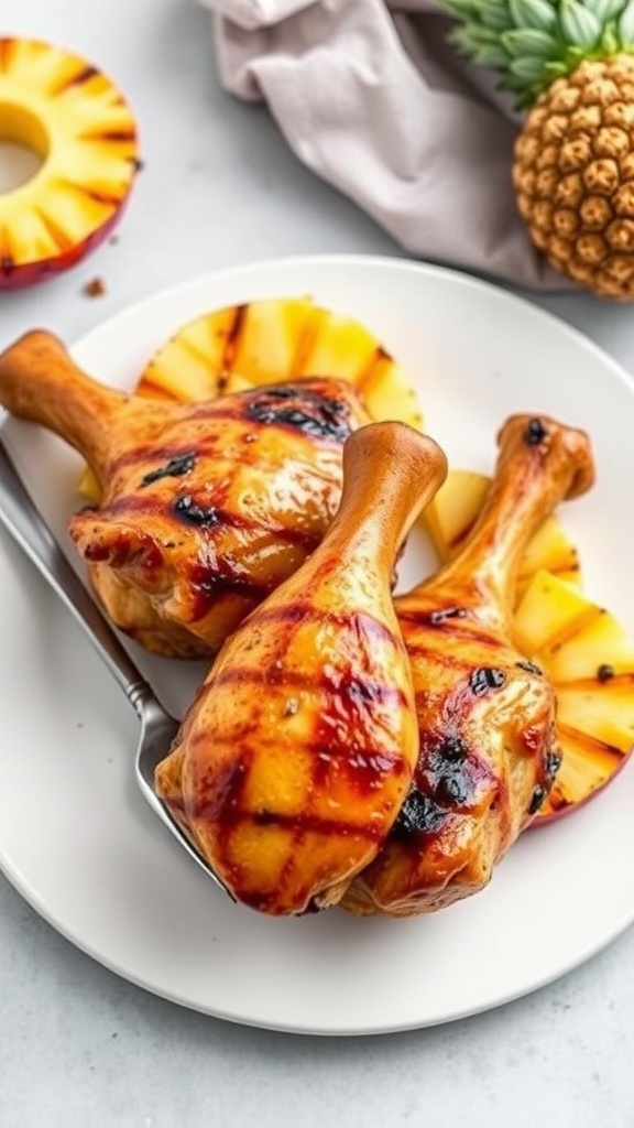 Grilled chicken drumsticks glazed with pineapple teriyaki sauce, served on a plate with pineapple slices.