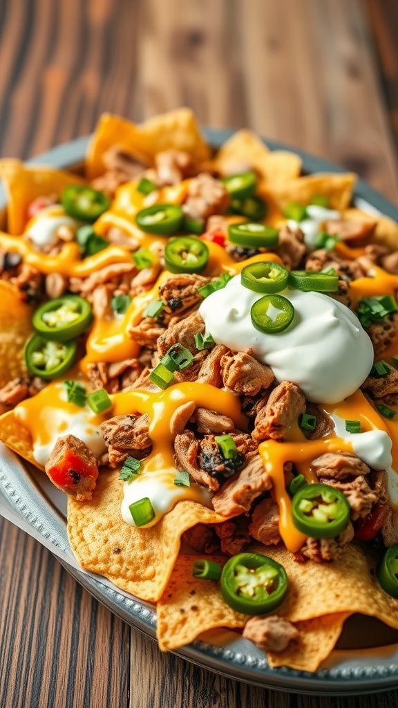 Delicious pulled chicken nachos topped with cheese sauce, jalapeños, and sour cream