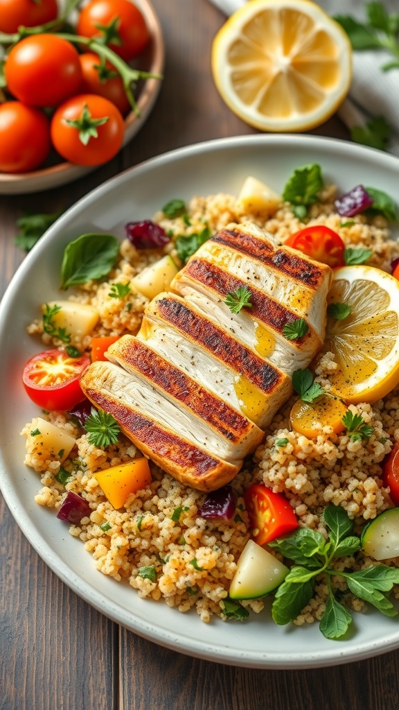 A bowl of quinoa and grilled chicken salad with fresh vegetables and feta cheese.