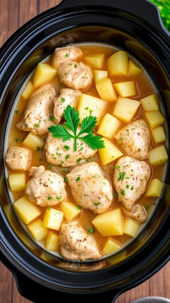 A slow cooker filled with ranch chicken and potatoes, ready to be served.