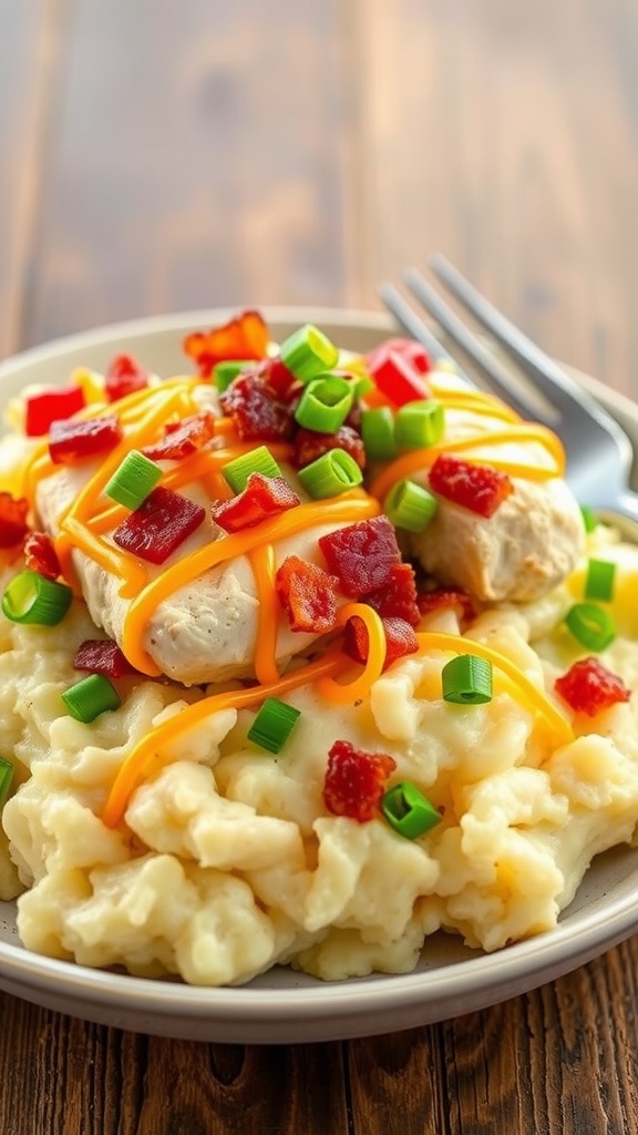 A plate of Ranch Chicken with Loaded Mashed Potatoes topped with cheese, bacon, and green onions.