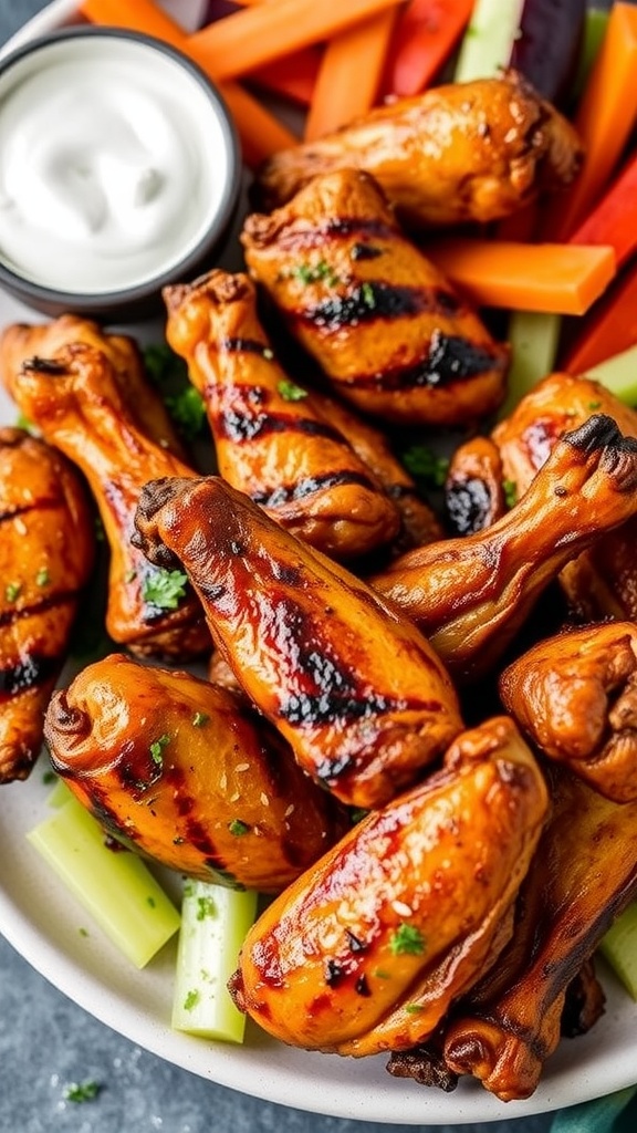 Delicious ranch seasoned grilled chicken wings served with celery, carrots, and ranch dipping sauce.