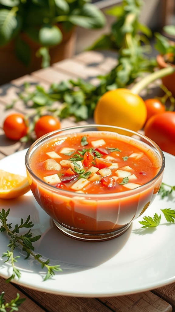 A bowl of refreshing gazpacho soup garnished with herbs and lemon, served with fresh vegetables.