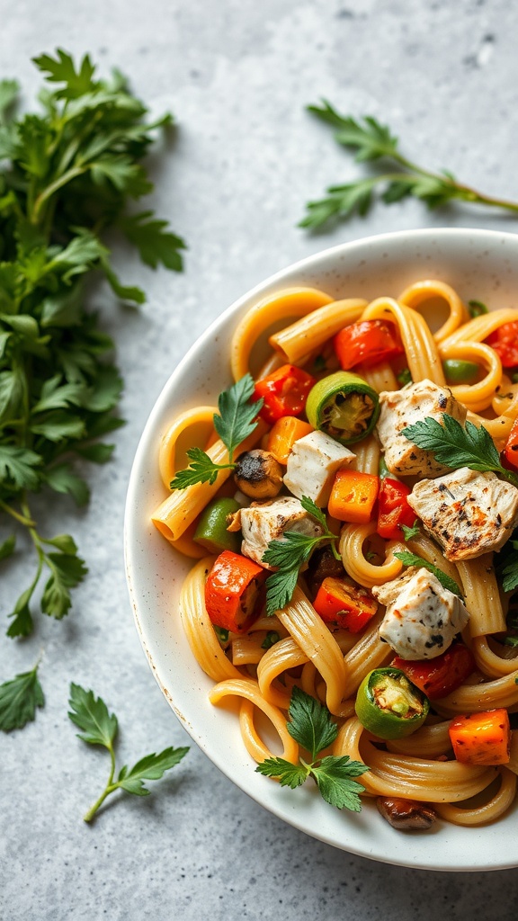 A delicious bowl of roasted vegetable chicken pasta garnished with parsley.