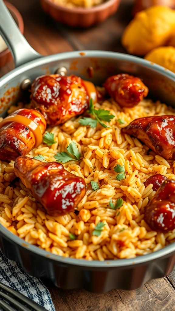 BBQ Chicken and Rice Casserole in a baking dish