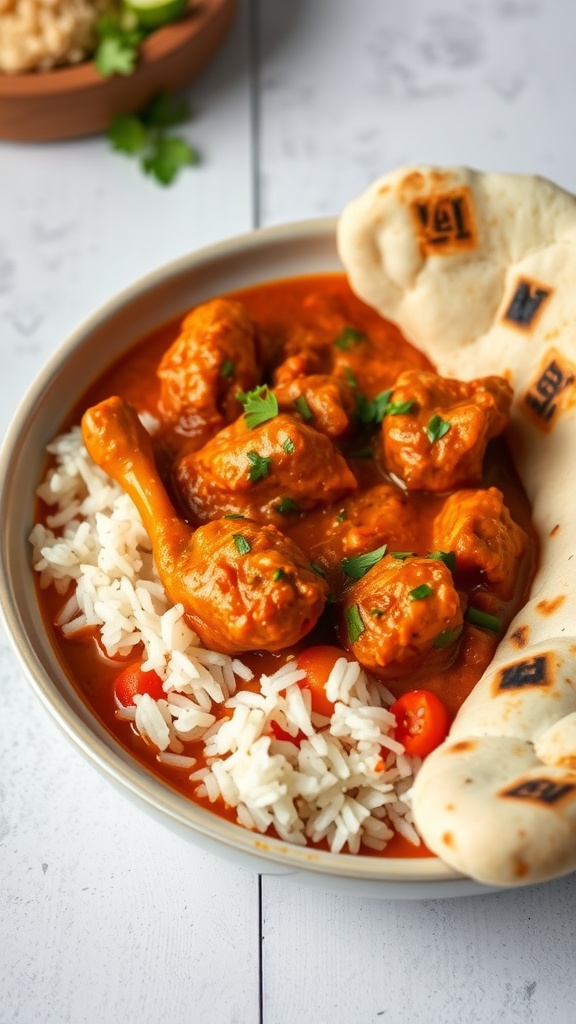 A plate of chicken tikka masala served with rice and naan
