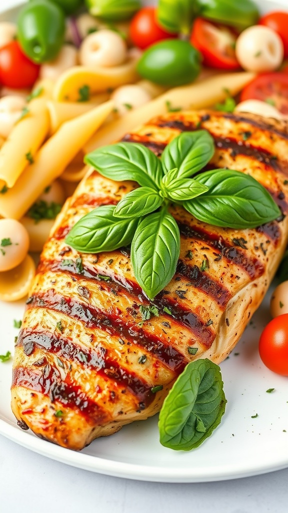Deliciously grilled chicken breast garnished with fresh basil.