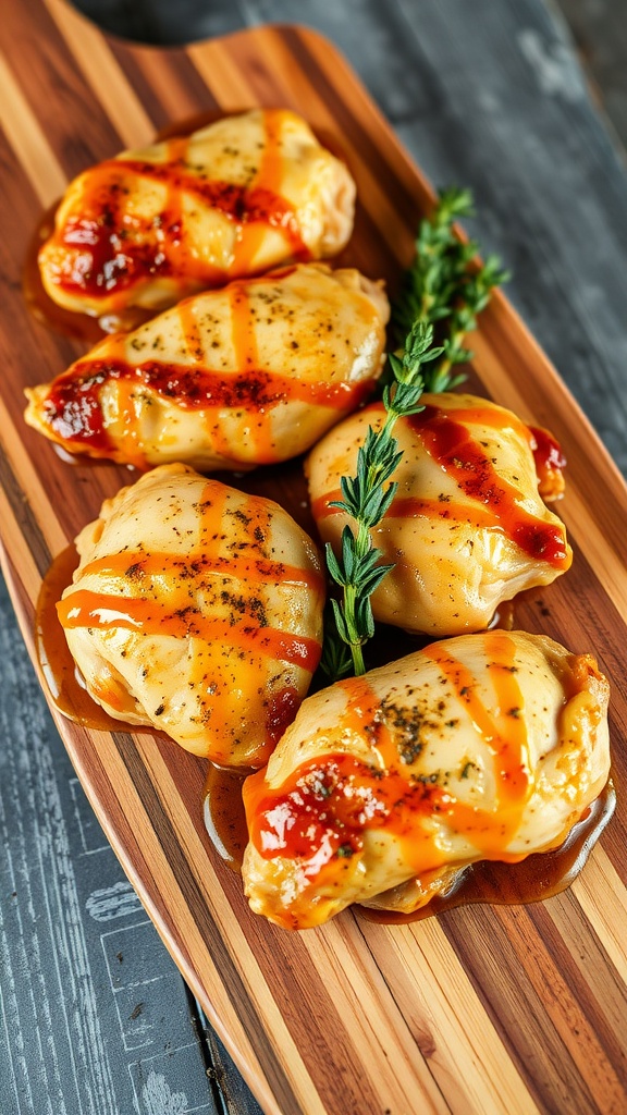Plate of savory maple mustard chicken thighs garnished with thyme