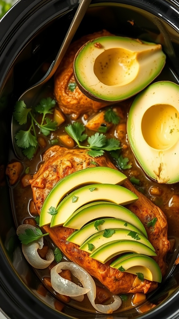 Savory Salsa Verde Chicken dish with avocado slices and cilantro