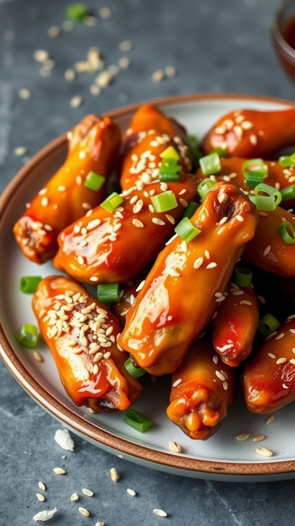 A plate of sesame ginger chicken wings garnished with sesame seeds and green onions.
