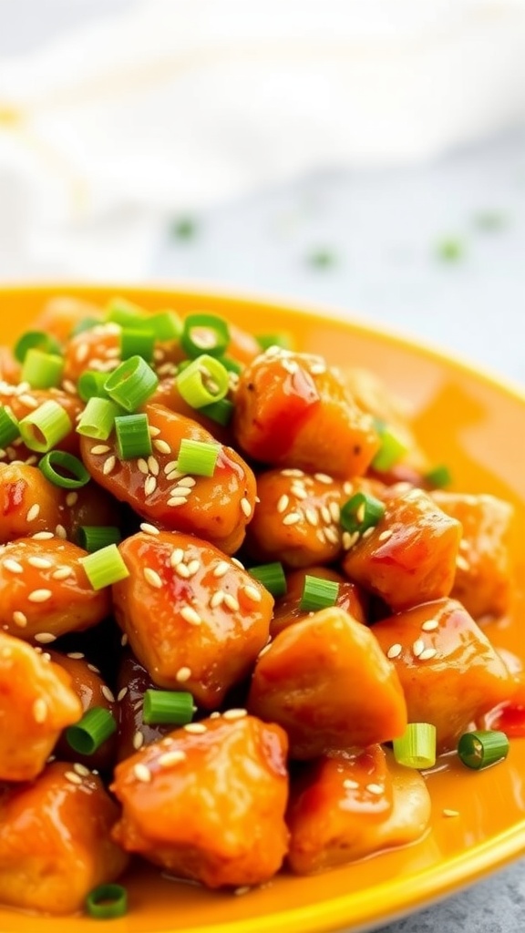 A plate of sesame orange chicken garnished with green onions and sesame seeds.