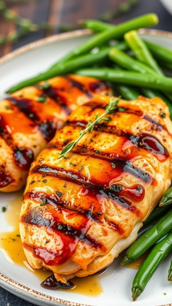 A plate of grilled chicken with a smoky maple mustard glaze, served with green beans.