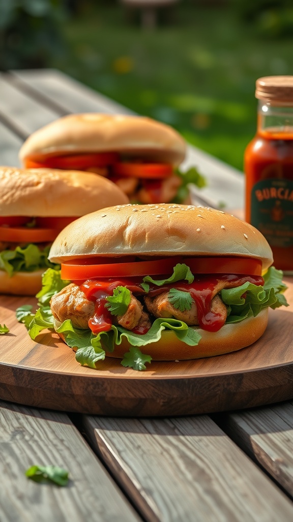 Smoked paprika chicken sandwiches with lettuce and tomato on a wooden board.