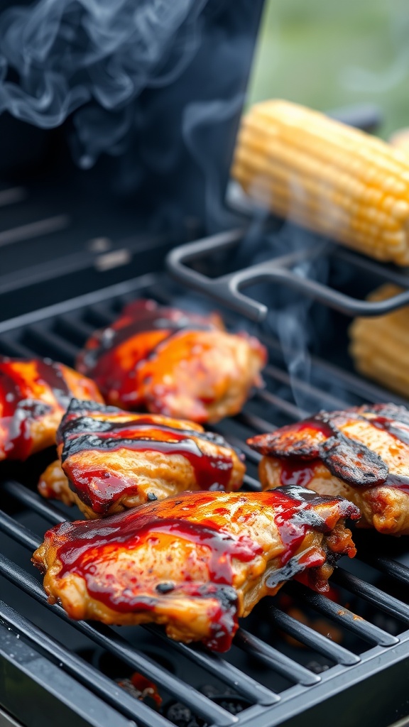 Smoky BBQ chicken thighs grilling on a barbecue