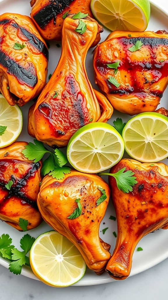 Smoky chipotle and lime grilled chicken drumsticks garnished with lime slices and cilantro.