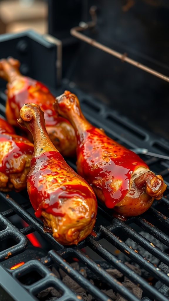 Grilled chicken legs coated in chipotle BBQ sauce on a grill
