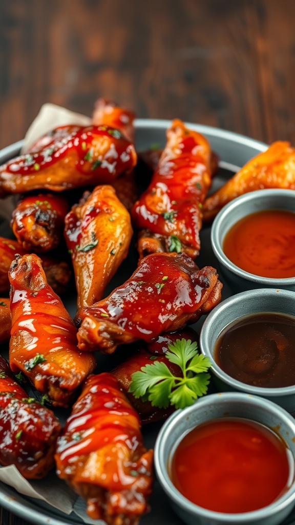 A platter of smoky chipotle BBQ chicken wings with various dipping sauces.