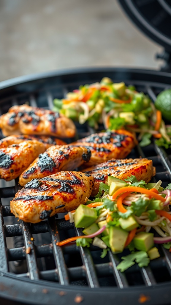Grilled chicken tenders served with fresh slaw and lime wedges.