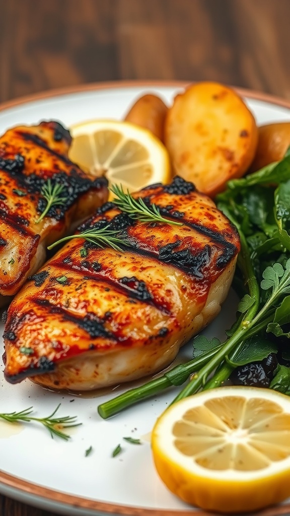 Grilled chicken thighs with lemon and dill, served with fresh greens and potatoes.