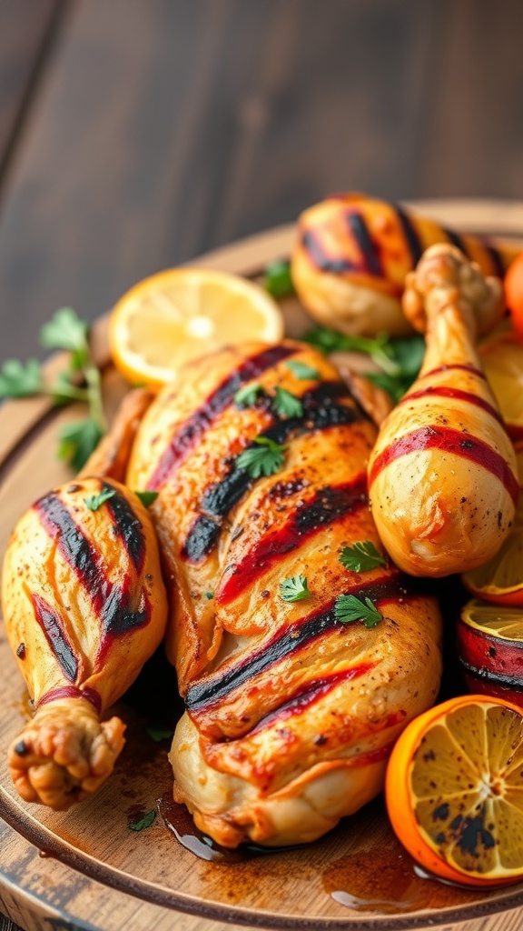 A plate of grilled chicken garnished with lemon and orange slices