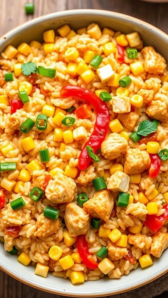 A bowl of colorful Southwest Chicken and Rice Casserole