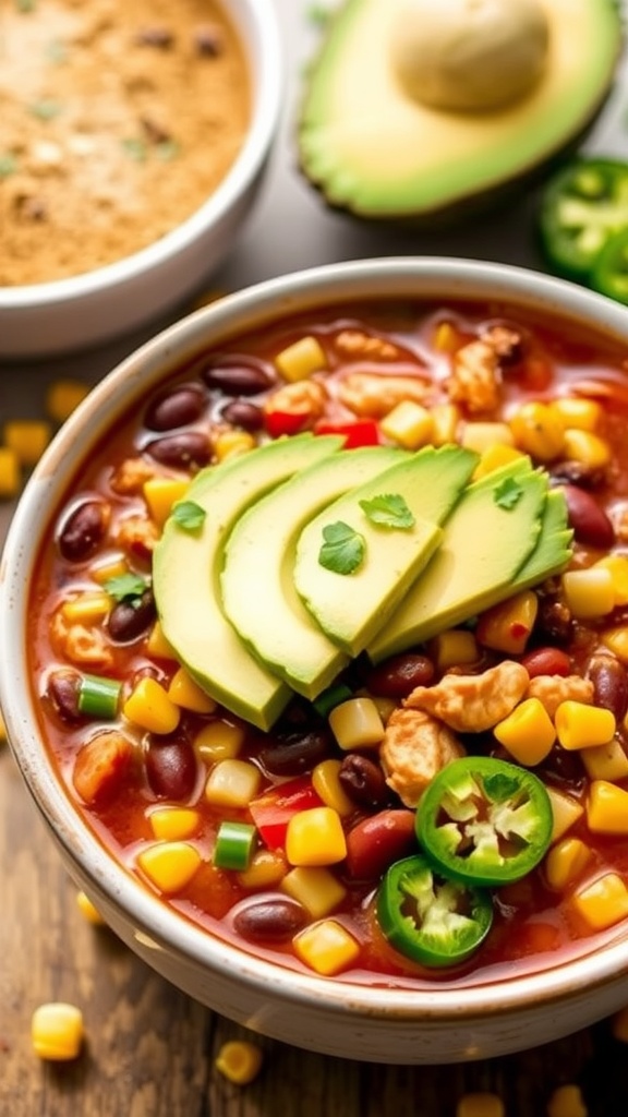 A bowl of Southwest Chicken Chili garnished with avocado, jalapeños, and cilantro