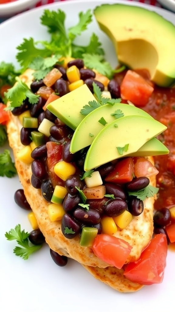 A plate featuring a stuffed chicken breast with black bean and corn filling, garnished with avocado, tomato, and cilantro.