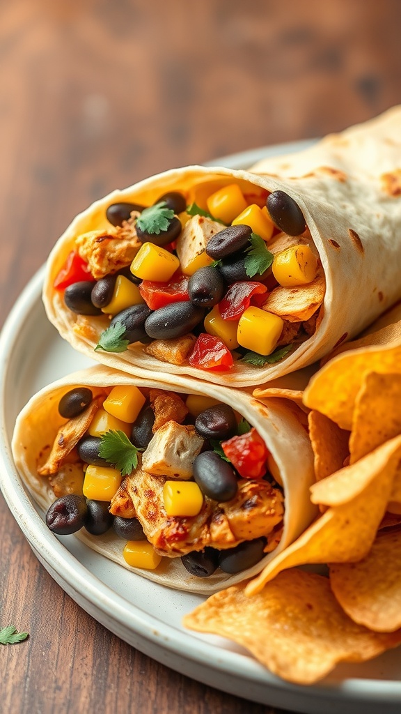 A delicious Southwestern grilled chicken wrap filled with black beans, corn, and colorful veggies.