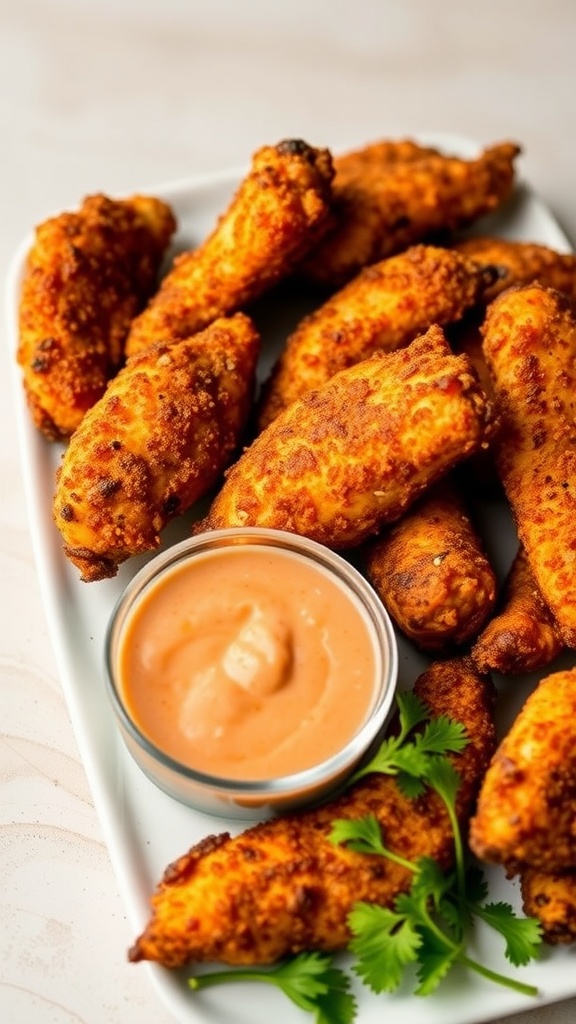 A plate of spicy air fryer chicken tenders served with a dipping sauce.