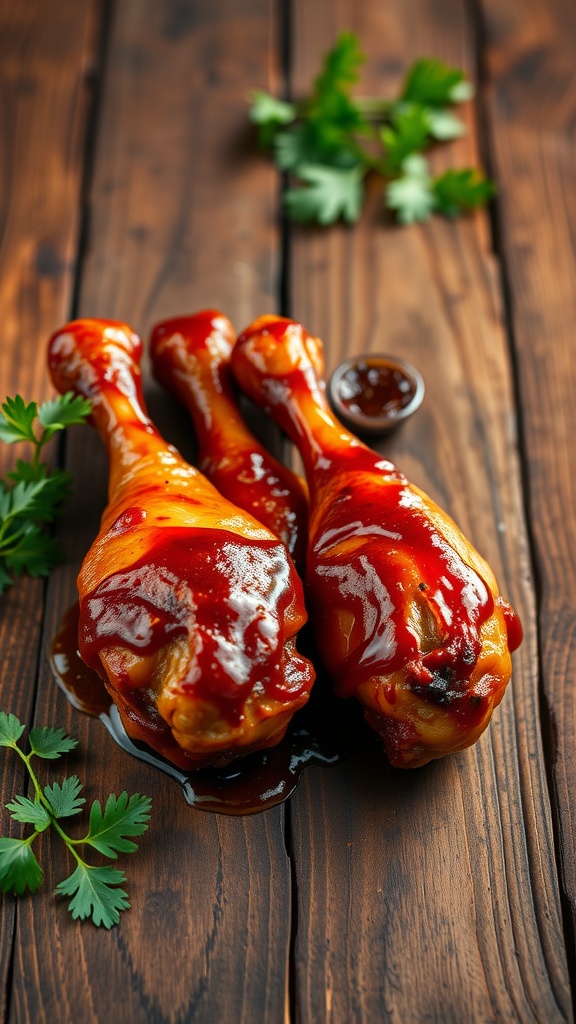 A plate of spicy BBQ chicken drumsticks with a side of barbecue sauce.