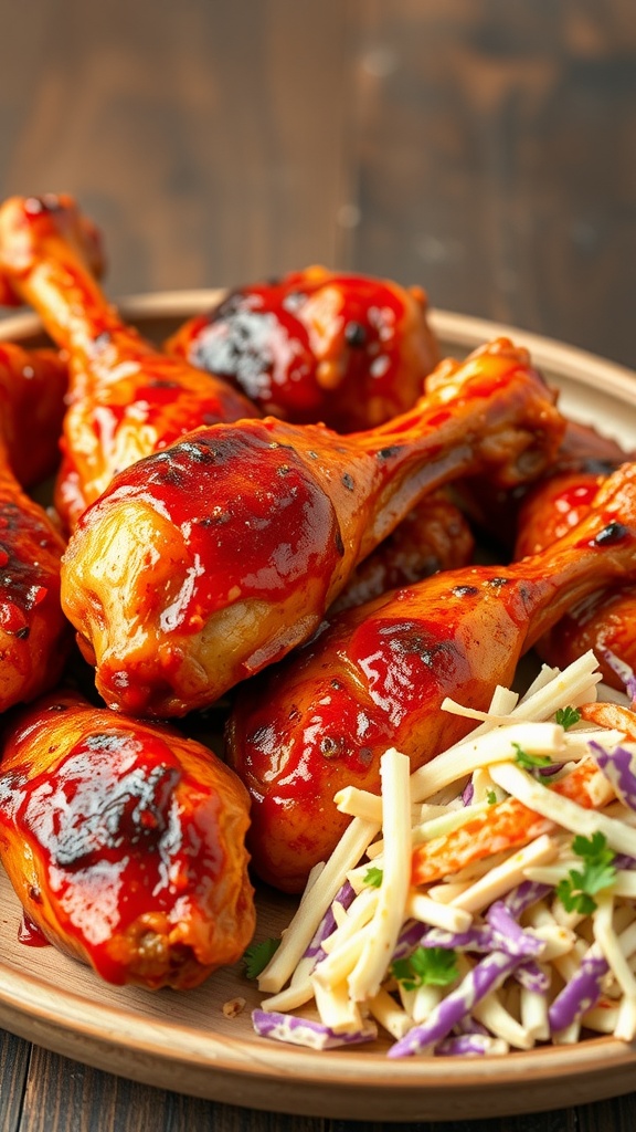 Spicy BBQ chicken drumsticks with coleslaw on the side