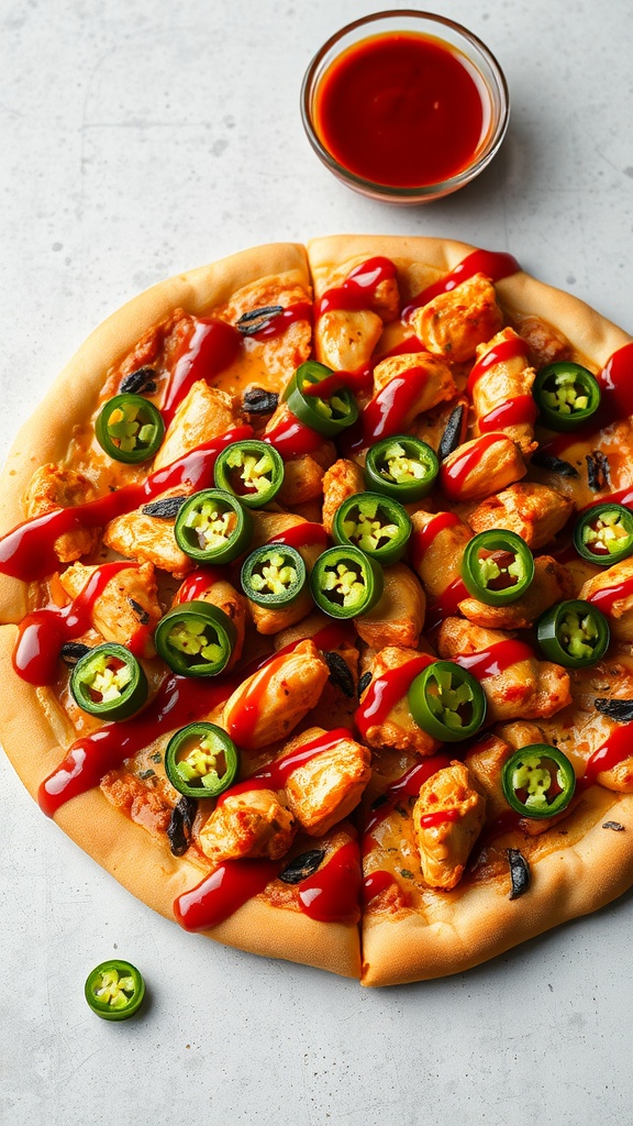 Spicy BBQ chicken pizza topped with jalapeños and barbecue sauce