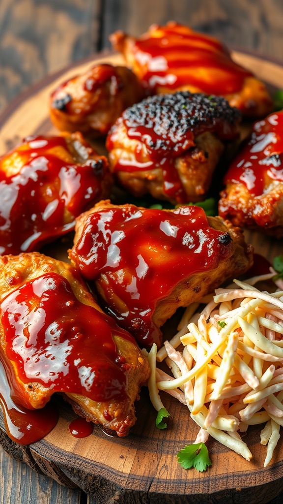 Deliciously glazed spicy BBQ chicken thighs served with coleslaw.