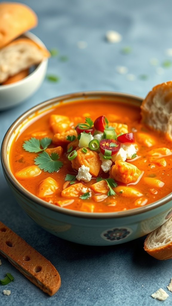 A bowl of spicy buffalo chicken chili garnished with green onions and served with bread.