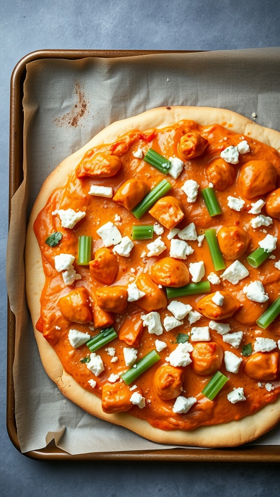A delicious spicy buffalo chicken pizza with toppings like shredded chicken, blue cheese, and celery.