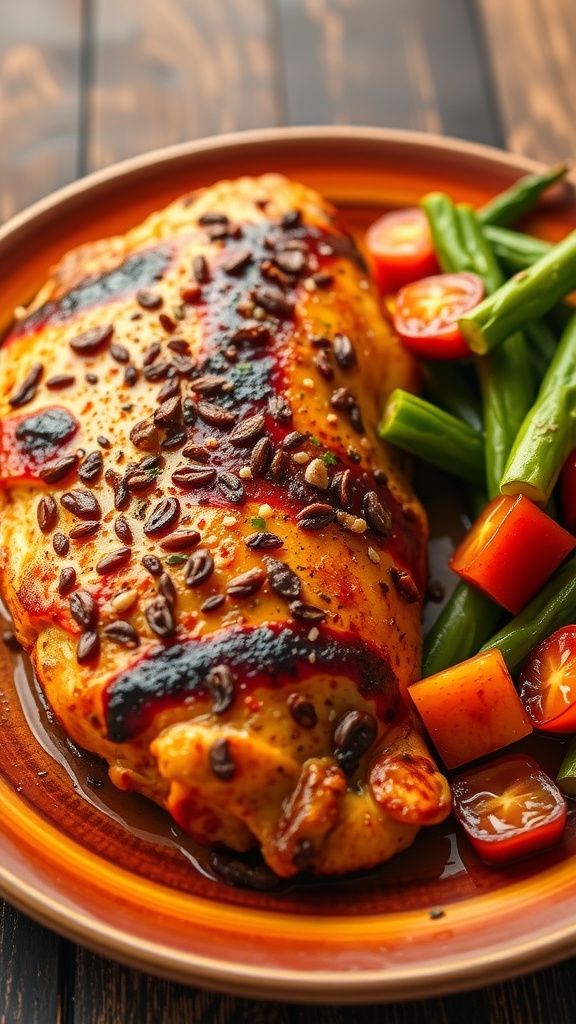 A plate of spicy Cajun chicken breast served with green beans and cherry tomatoes.
