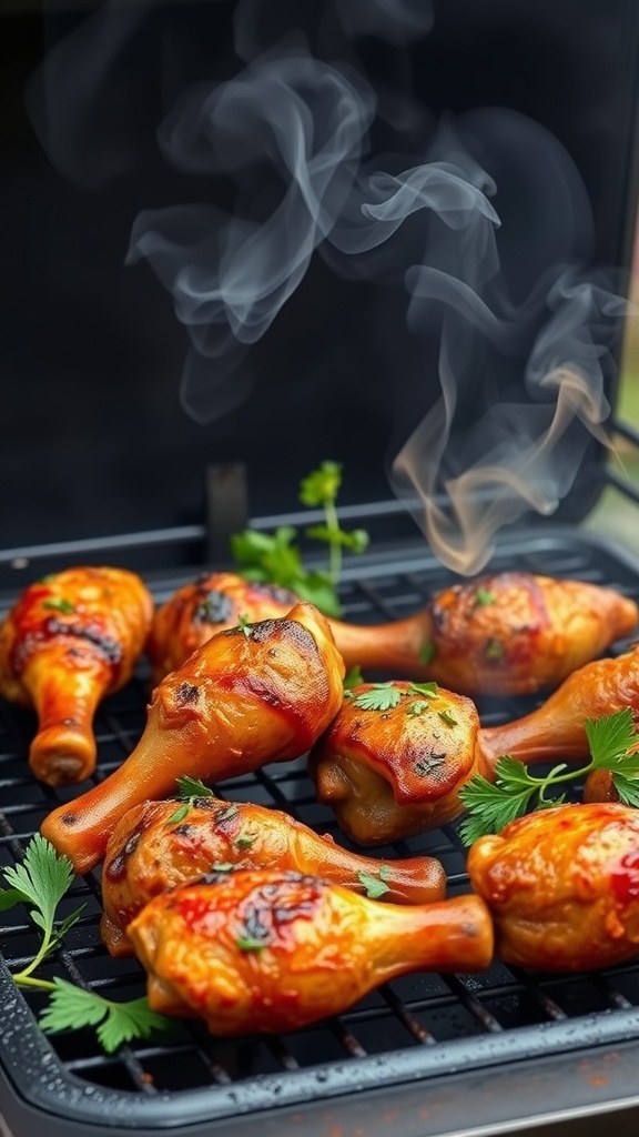 Grilled spicy Cajun chicken drumsticks garnished with parsley on a grill.
