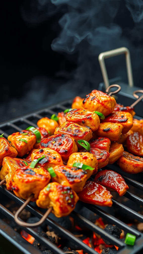 Grilled spicy Cajun chicken kabobs with bell peppers on skewers