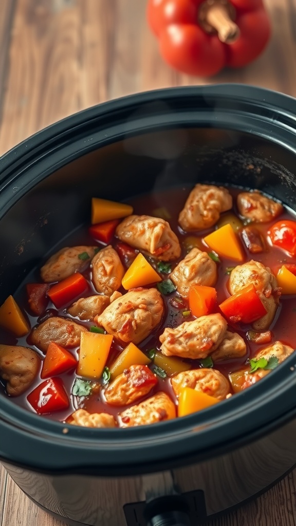 A pot of Spicy Cajun Chicken Stew with colorful vegetables.