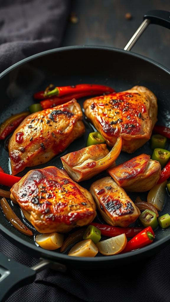A dish of spicy cajun chicken thighs with bell peppers and onions.