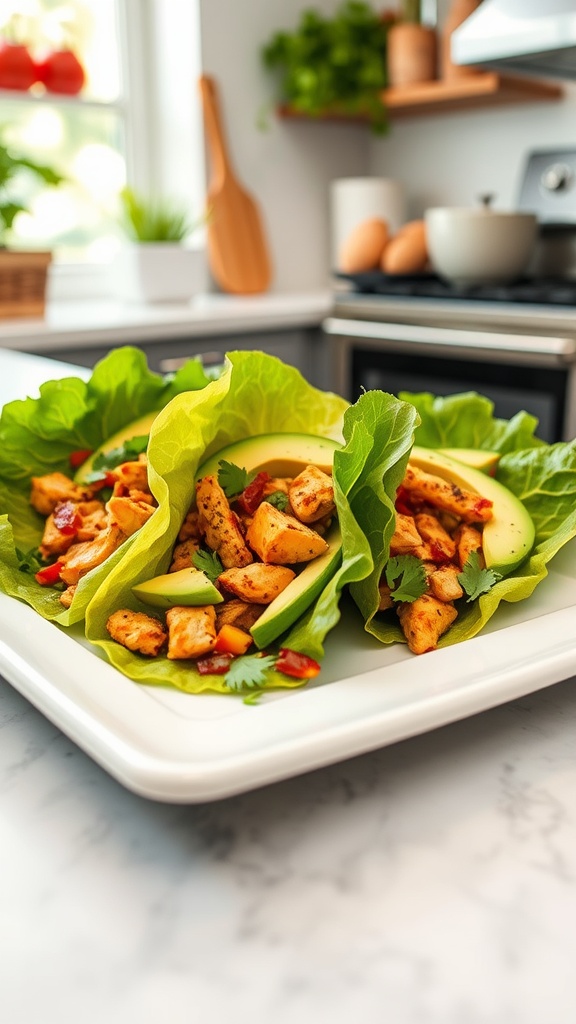 Spicy Chicken and Avocado Lettuce Wraps on a plate.
