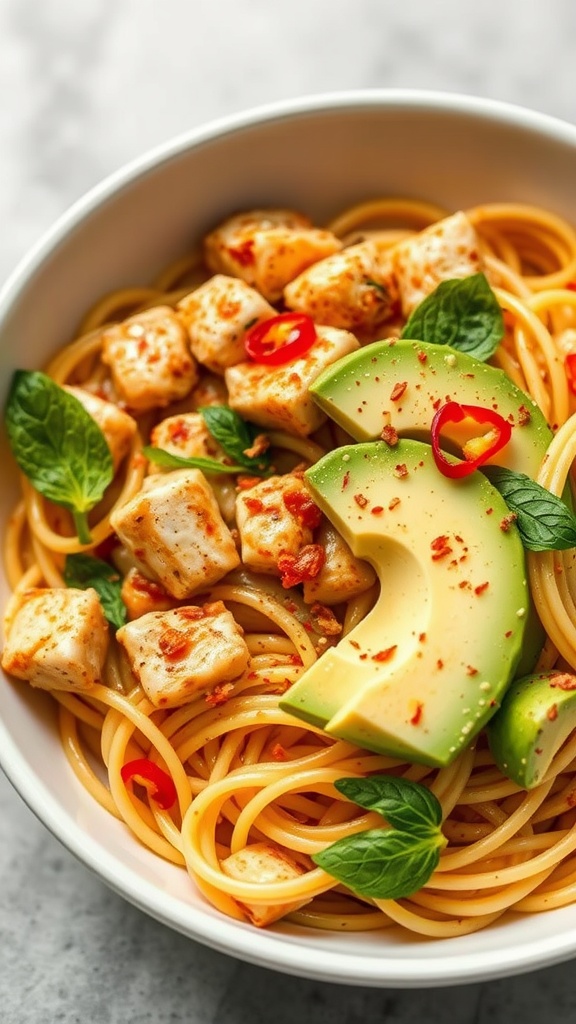 Spicy Chicken and Avocado Pasta served in a bowl.