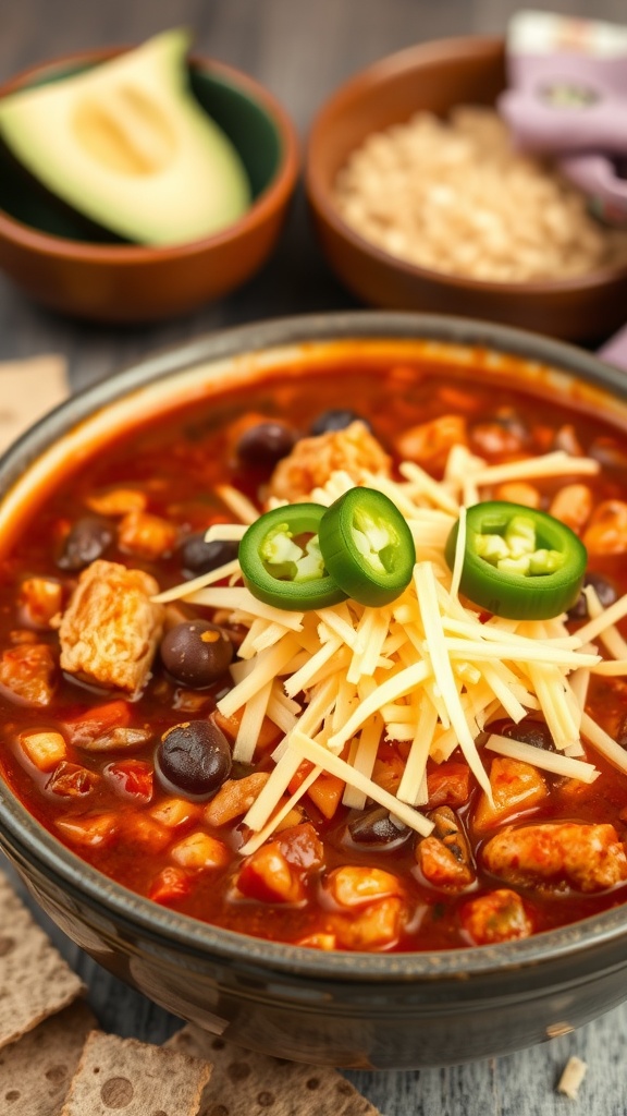 A bowl of spicy chicken and black bean chili topped with cheese and jalapeños.