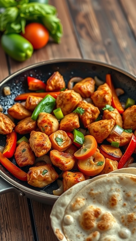 A skillet filled with spicy chicken fajitas, colorful bell peppers, and onions, accompanied by warm tortillas.