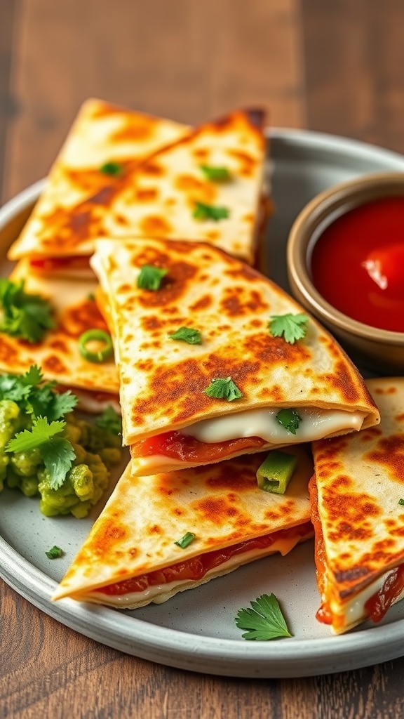 Spicy chicken quesadilla wedges served with salsa and guacamole.
